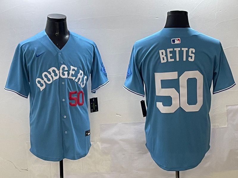 Men Los Angeles Dodgers #50 Betts Light Blue Throwback Game 2025 Nike MLB Jersey style 11